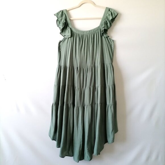 Jodifl Sage Green Ruffle Round Neck Hi Low Hem Tiered Fit & Flare Dress Size L - Picture 2 of 5